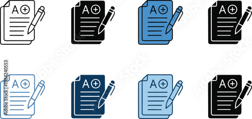 Document with pen and grading A+ icon, representing education, academic achievement, and assessment on transparent background.