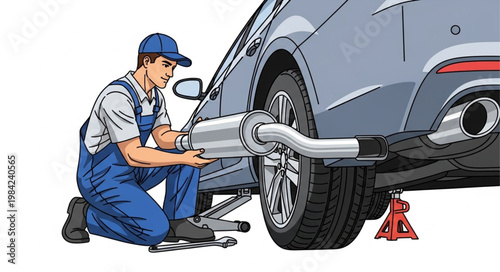 Mechanic Installing Exhaust System on Car.