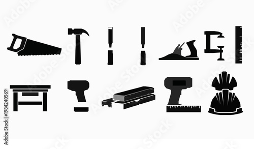 Woodworking vector bundle with black carpentry tool silhouette icons