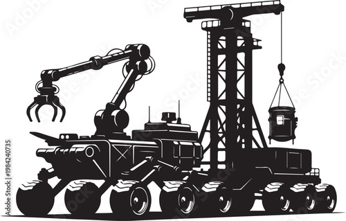 Industrial construction vehicle, heavy machinery, excavator, crane, black silhouette