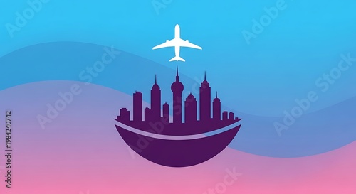 Modern cityscape balanced by a flying airplane in a stylized illustration illustration