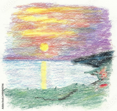 Colored pencil sunset over sea landscape expressive drawing scan