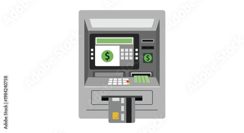 A flat stylized illustration of a gray atm machine with a digital display and card slot silhouette high quality professional detailed