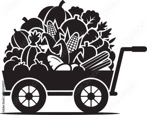 Black silhouette wheelbarrow, overflowing with vegetables, pumpkins and corn, garden harvest illustration, vector icon