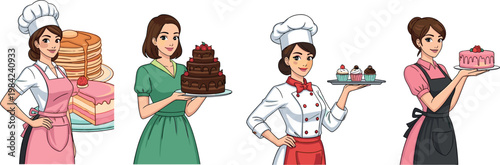 Female baker and pastry chef characters holding cakes pancakes and cupcakes in different outfits isolated vector illustration set