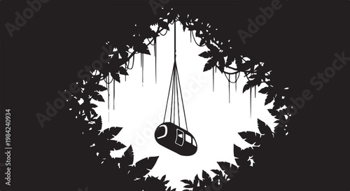 Black, minimalist hanging light fixture, modern pendant lamp, silhouette illustration, decorative leafy frame, interior design element, vector graphic