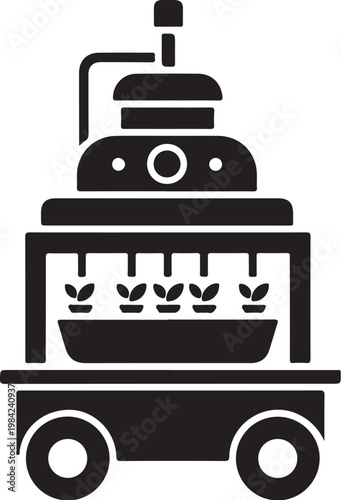 Black robotic gardening cart icon, vector illustration, agriculture symbol, farming equipment