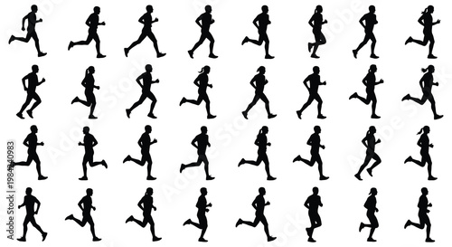 A large group of people are depicted running showcasing dynamic motion and energy in black silhouette high quality professional detailed modern