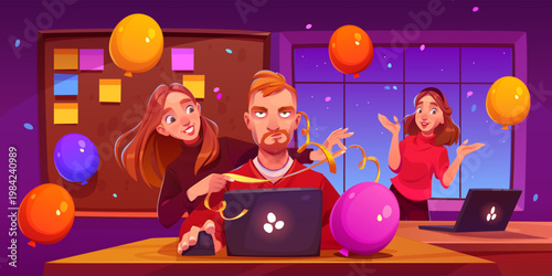 Annoyed man working on laptop at office party