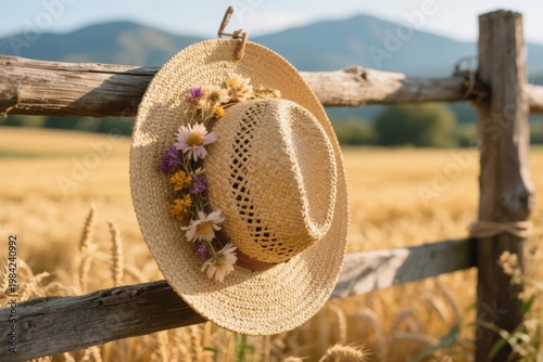 Straw hat adorned with wildflowers hanging on a wooden fence in a golden wheat field