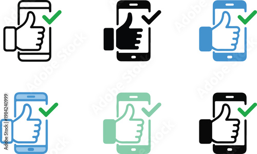 Smartphone hand thumbs up with check mark icons collection for mobile application feedback and positive user experience reviews.