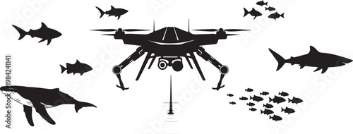 Drone, aquatic animals, black silhouettes, vector icons, marine life, drone technology