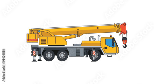 A vibrant yellow mobile crane is depicted in a flat illustrative style showcasing its powerful construction capabilities silhouette high quality professional