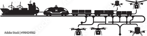 Logistics, transportation, supply chain vector icons, black silhouette, industrial delivery symbols