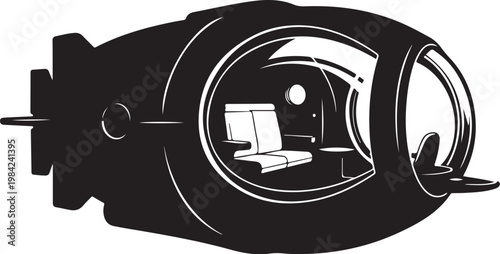 Black and white spaceship cockpit interior, futuristic control panel, vector illustration, sci-fi vehicle