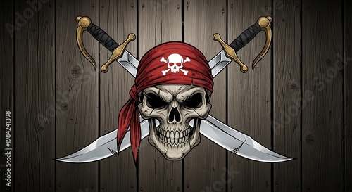 Pirate skull with crossed swords and bandana against a dark wooden background illustration