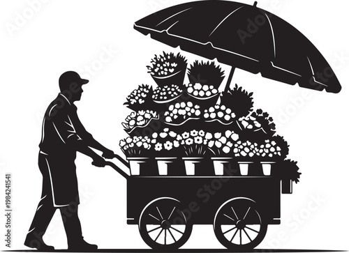 Flower vendor, floral cart, black silhouette, urban market scene, city commerce
