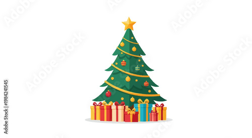 Flat vector illustration of a green evergreen Christmas tree decorated with a gold star topper, colorful ornaments, and yellow garlands, featuring wrapped gift boxes on a white background.