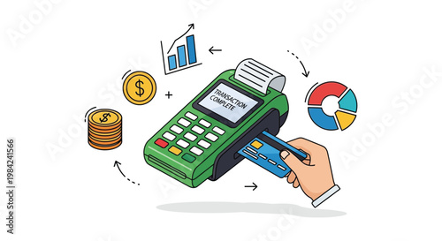 A colorful illustration depicts a contactless payment with a credit card and pos terminal showcasing modern finance silhouette high quality