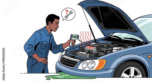 Mechanic Inspecting Car Engine with Diagnostic Tool.