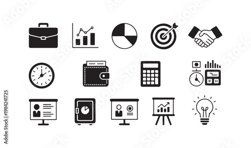 Professional business management icons collection with office tools strategy and planning elements.