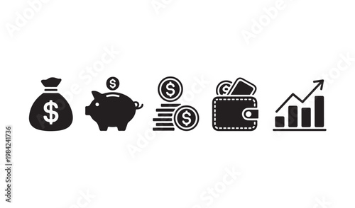 Money savings and investment concept icons with piggy bank cash bag and growing financial bar chart.