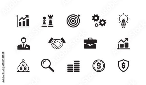 Corporate strategy and financial success icons featuring chess pieces gears shield and money coins.