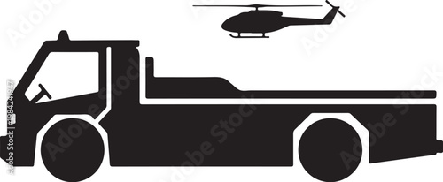 Tow truck, flatbed truck, helicopter, silhouette icons, vehicle graphics, rescue, transportation