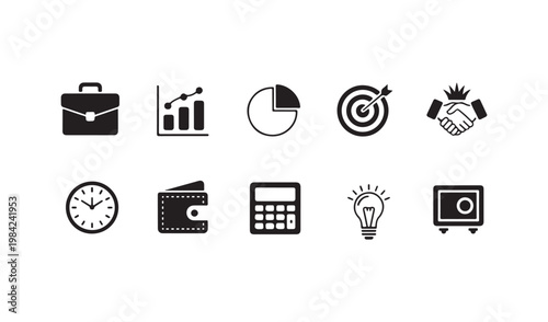 Business and finance icons with briefcase chart pie target handshake and clock.