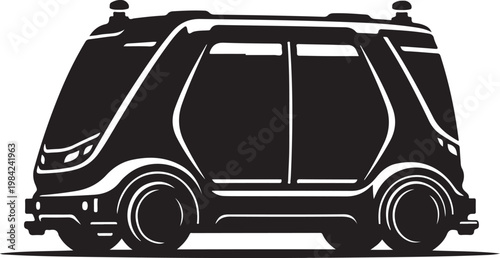 Black, futuristic, autonomous van, vehicle, transportation, side view, illustration, vector graphics