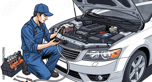 Mechanic Inspecting Car Engine with Diagnostic Tool.