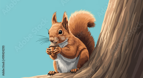 Vector illustration of a red squirrel sitting on a tree branch holding and eating an acorn. Detailed fur texture, bushy tail, and whiskers against a solid light blue background.