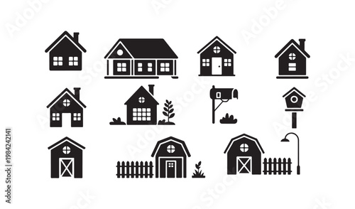 Charming suburban residential architecture vector icons featuring country houses and rural farmstead.