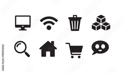 Collection of black simple icons on white background for web and app design.
