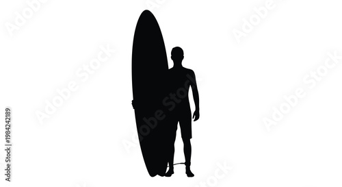Silhouette of a surfer carrying a surfboard against a white background
