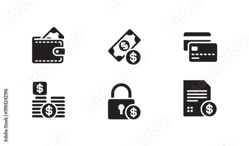 Comprehensive financial transaction and asset protection vector icons for online banking services.