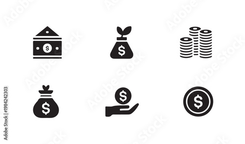 Monetary growth and savings icon collection featuring dollar bags hand holding coin and coin stacks.