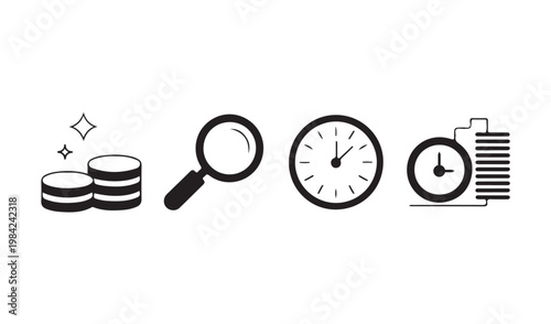 Time management and financial search icons representing efficiency productivity and value tracking.