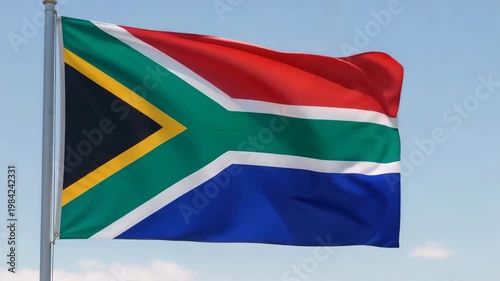 South African flag waving against a clear blue sky  