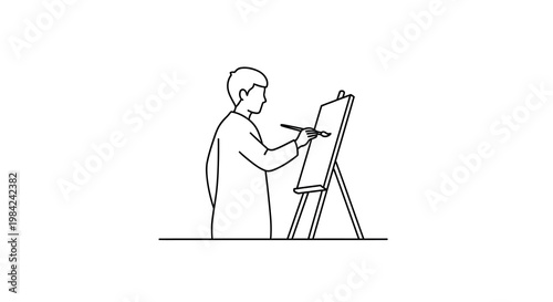 Line drawing of a man painting on a canvas with an easel
