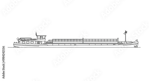 Line drawing of a long flat bottomed inland waterway vessel or barge