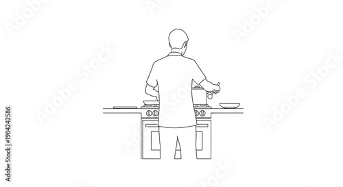 Line drawing depicting a person cooking at a kitchen stove