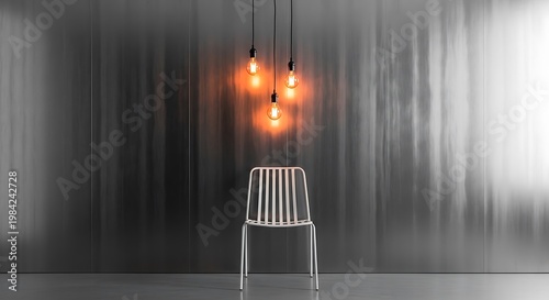 Minimalist chair under a modern hanging light fixture in a sleek room setting illustration
