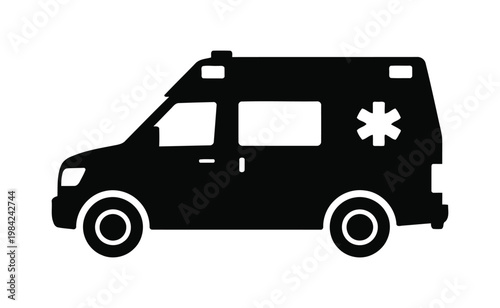Modern Ambulance Silhouette Vector, Emergency Medical Vehicle Black Icon, Healthcare Transport Design on White Background