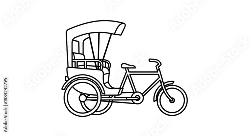 Simple line drawing of a traditional rickshaw side view displayed