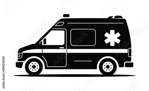 Modern Ambulance Silhouette Vector, Emergency Medical Vehicle Black Icon, Healthcare Transport Design on White Background