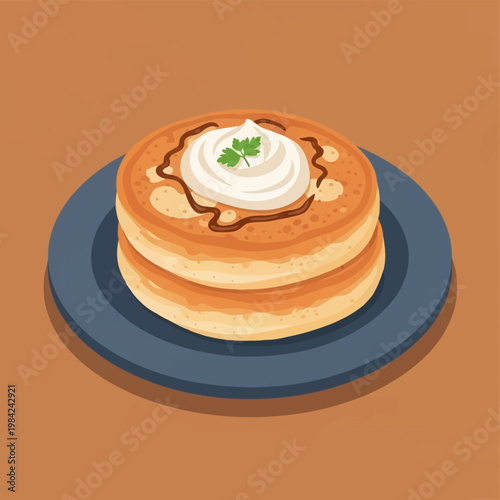 Vector illustration of two thick golden cottage cheese pancakes or syrniki stacked on a dark blue plate, topped with white sour cream, dark sauce drizzle, and a single green parsley sprig.