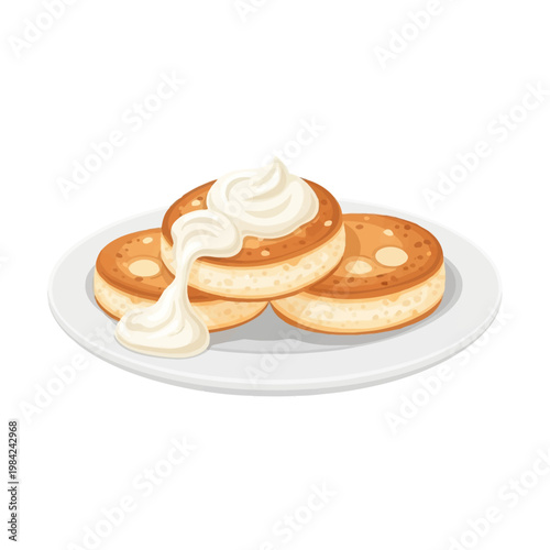 Vector illustration of three golden brown cottage cheese pancakes topped with a swirl of white sour cream on a plain white plate, isolated on a white background for food design.