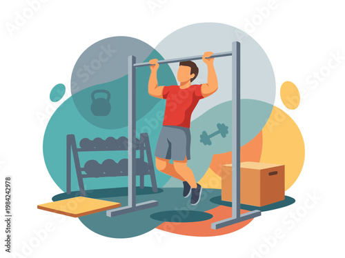 Athletic Man Performing Pull Ups on Bar in Gym Vector