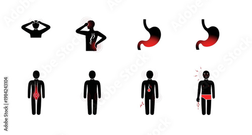Illustrative icons depicting various human ailments and anatomical pain points in black and red